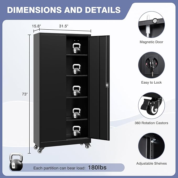 Metal Storage Cabinet with Wheels, Tall Garage Storage Cabinet with 4 - Image 2