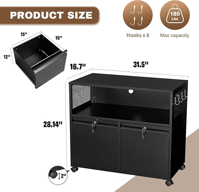 2 Drawer File Cabinet, Rolling File Cabinet - Image 3