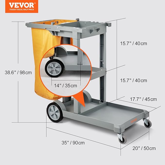 VEVOR Cleaning Cart, 3-Shelf Commercial Janitorial Cart, 200 lbs Capacity - Image 5