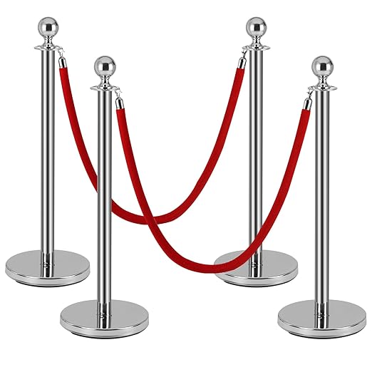 4 PCS Stainless Steel Stanchion Post, 5Ft Red Velvet Rope, Hollow Base and by Yeatruojeet