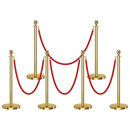 6 PCS Stanchions and Velvet Ropes, Stainless Steel Poles by Unknown