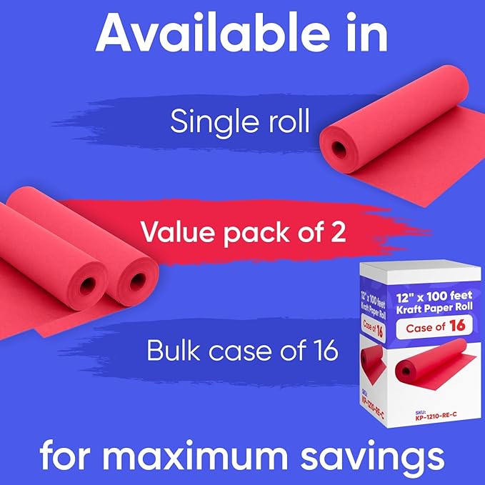 12" x 1200" Red Kraft Paper Roll, 45 lbs Thickness, Made in USA Colored Kraft - Image 2