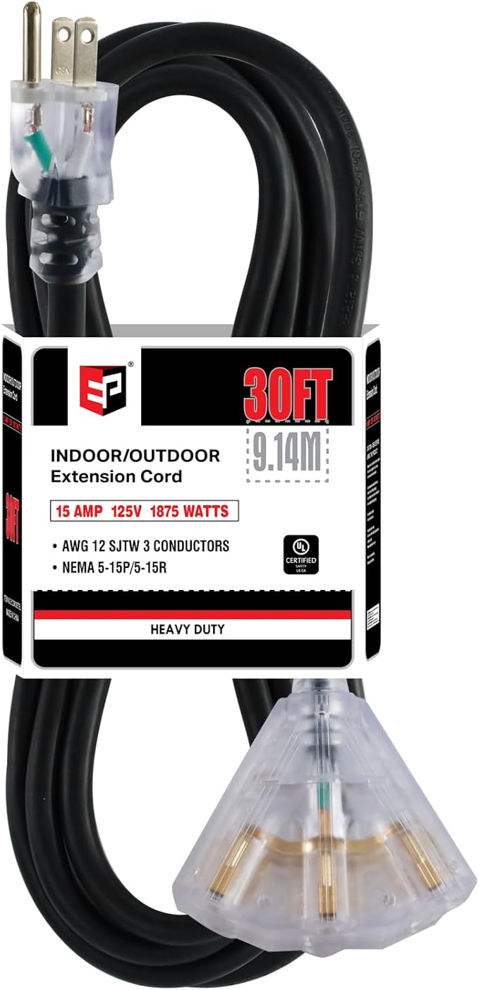 EP 30 Ft 12 Gauge Heavy Duty Extension Cord, 15A 125V 1875W, 3 Outlet by ENERGYPRO