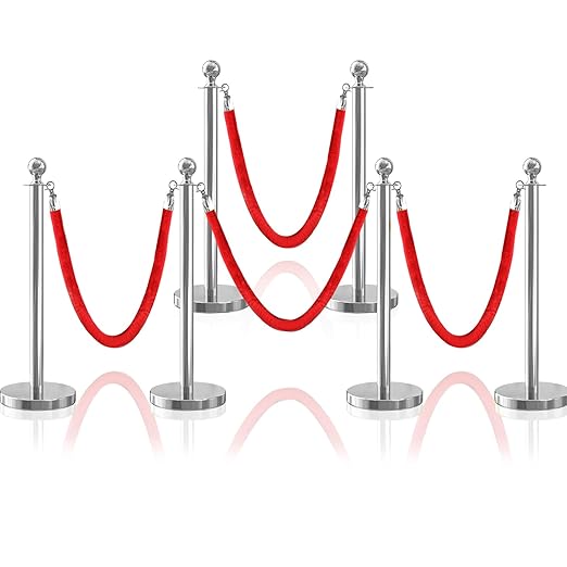 6Pcs Sliver Stanchion Post Queue Velvet Ropes and Posts by SuiROYI