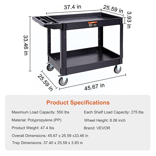 VEVOR Utility Service Cart, 2 Shelf 550LBS Heavy Duty Plastic Rolling Utility - Image 7