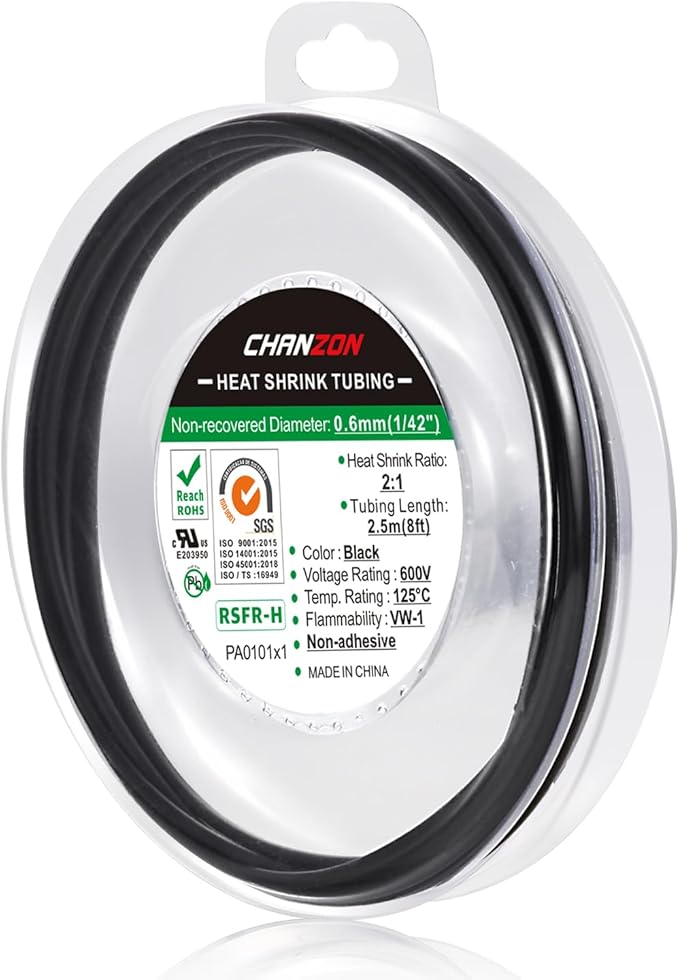 Chanzon 2:1 Ratio 1/42" Heat Shrink Tubing 8Ft Roll Black Polyolefin Sleeving by Chanzon
