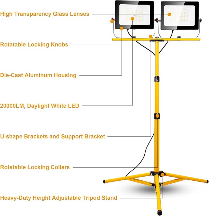 20000 Lumen Work Lights with Stand, 200W Dual Head LED Work Light, Waterproof - Image 6