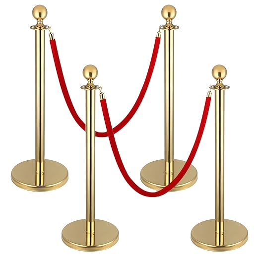 4 PCS Stainless Steel Stanchion Post, 5Ft Red Velvet Rope, Hollow Base and by Yeatruojeet