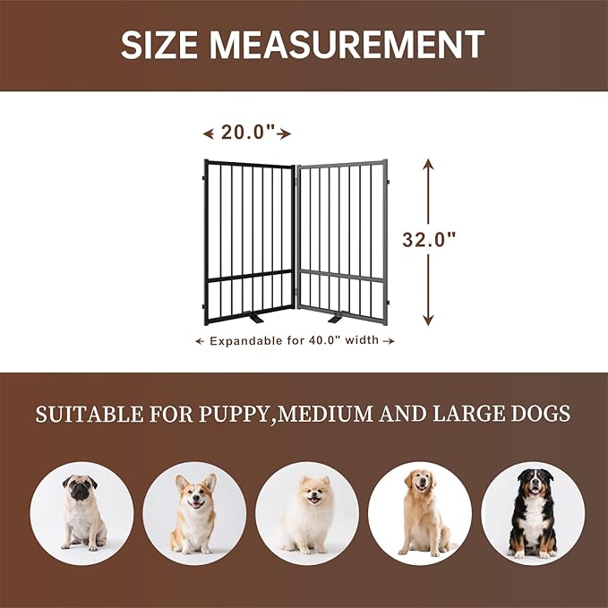 2 Panels Full Metal Freestanding Dog Gates, 40” W x 32” H Folding Pet Gate Fence - Image 2