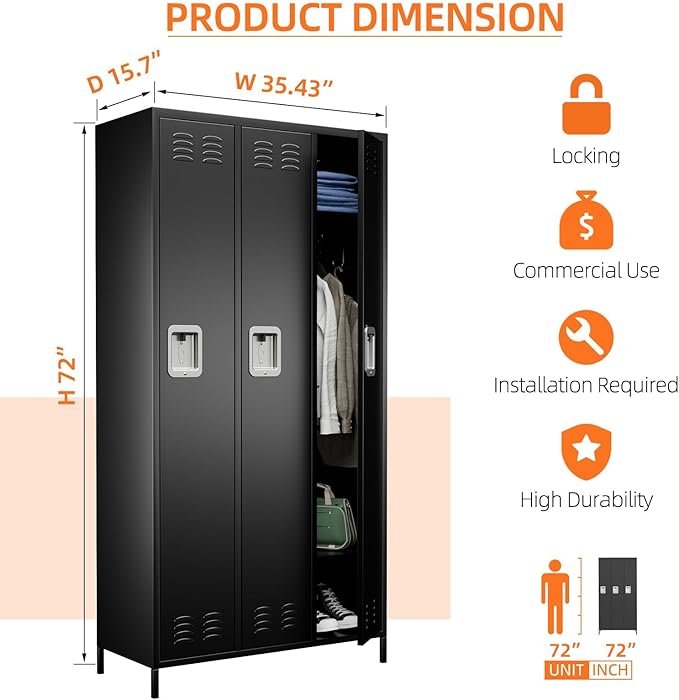Metal Storage Locker with 3 Doors, Employee Lockers with 9 Hooks - Image 3