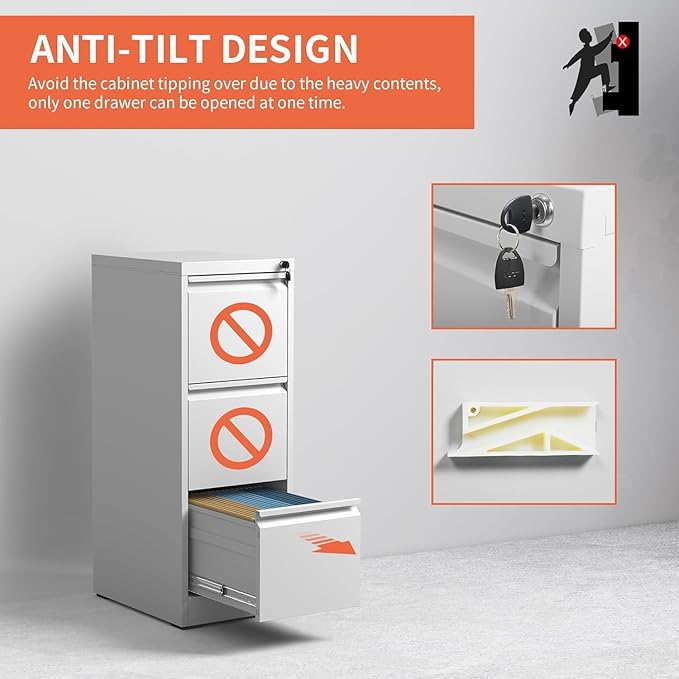3 Drawer File Cabinet with Lock, Metal Vertical Filing Cabinets - Image 5