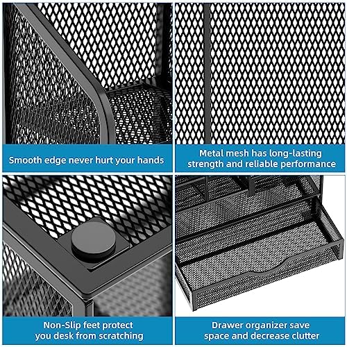 Marbrasse Mesh Pen Holder for Desk, Multi-Functional Pencil Organizer with Drawer, Desk Organizers and Accessories for Office Art Supplies (Black) - Image 6