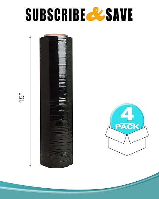 APQ 4 Rolls of Blown Hand Stretch Film 15" x 1500'. Black Hand Stretch Wrap - Image 2