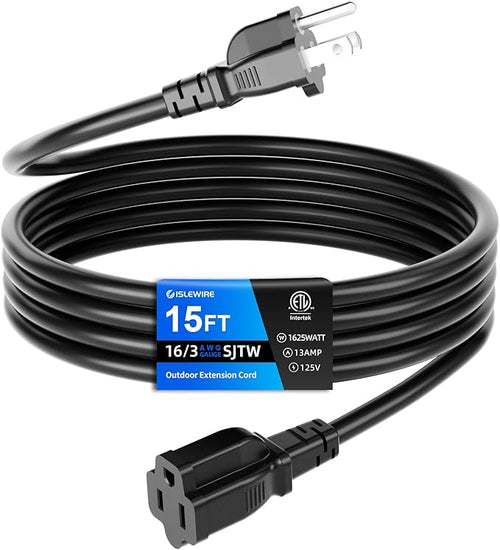 15 FT Outdoor Extension Cord Waterproof, 3-Prong Power Cord, 16 AWG SJTW by ISLEWIRE