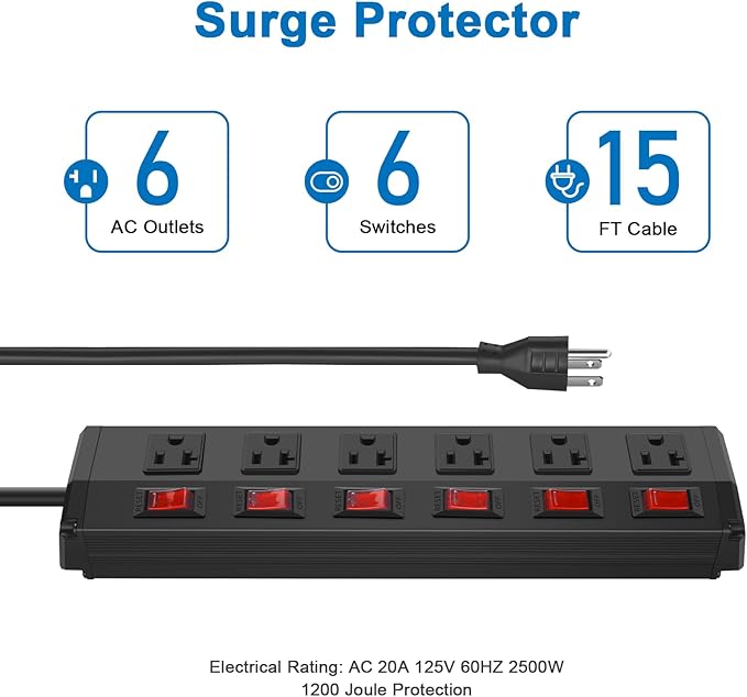 CCCEI Metal Power Strip Individual Switches 6 Outlets, Heavy Duty Power Strip - Image 2