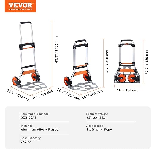 VEVOR Folding Hand Truck and Dolly, 275 Lbs Capacity, Aluminum Foldable Cart - Image 8