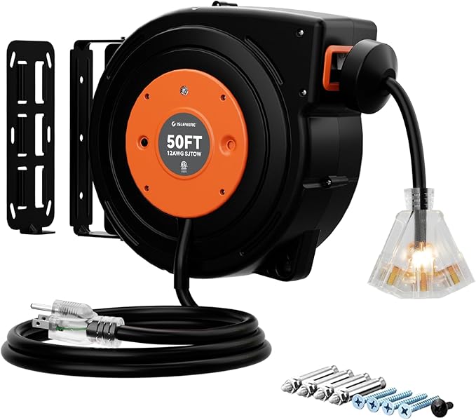 50 FT Retractable Extension Cord Reel, Heavy Duty 12AWG/3C SJTOW Power Cord by ISLEWIRE