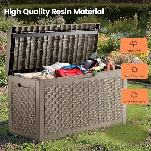 60 Gallon Outdoor Storage Box - Waterproof Resin Rattan Deck Bin for Indoor & Outdoor Use - Lockable & UV Resistant - Ideal for Package Storage, Patio Cushions & Gardening Tools, Brown - Image 2