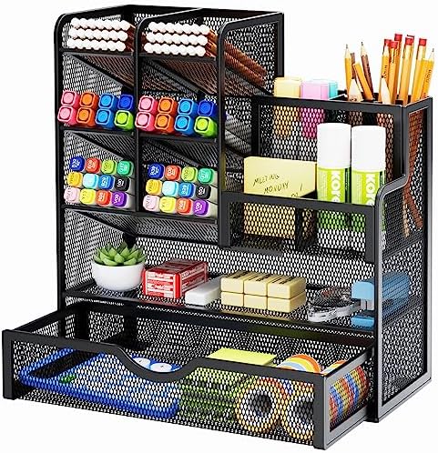 Marbrasse Mesh Pen Holder for Desk, Multi-Functional Pencil Organizer with Drawer, Desk Organizers and Accessories for Office Art Supplies (Black) by Marbrasse