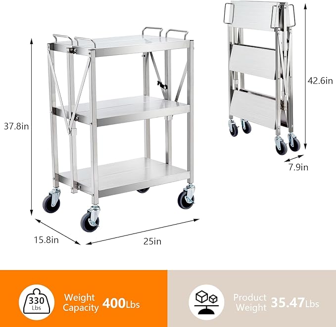 Upgraded Superior Foldable Stainless Steel Utility Cart, 300 LBS Heavy - Image 2