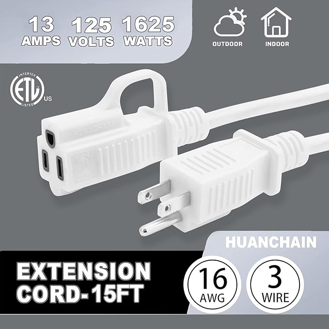 HUANCHAIN Indoor Outdoor White Extension Cord 15 ft Waterproof, 16/3 Gauge - Image 7