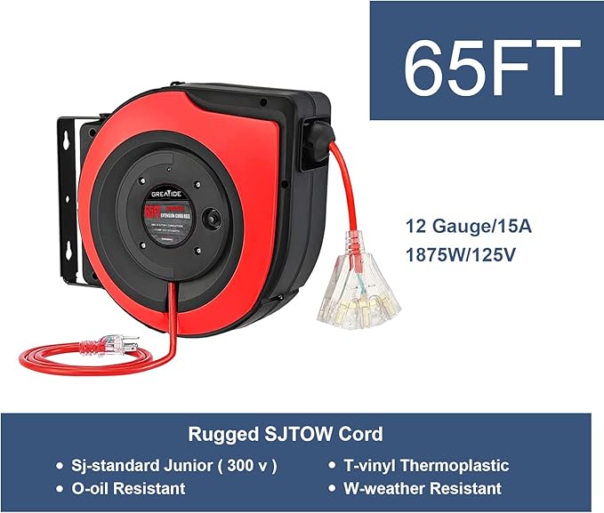 Retractable Extension Cord Reel, 65 Feet 12 AWG/3C SJTOW Heavy Duty Power Cord - Image 2