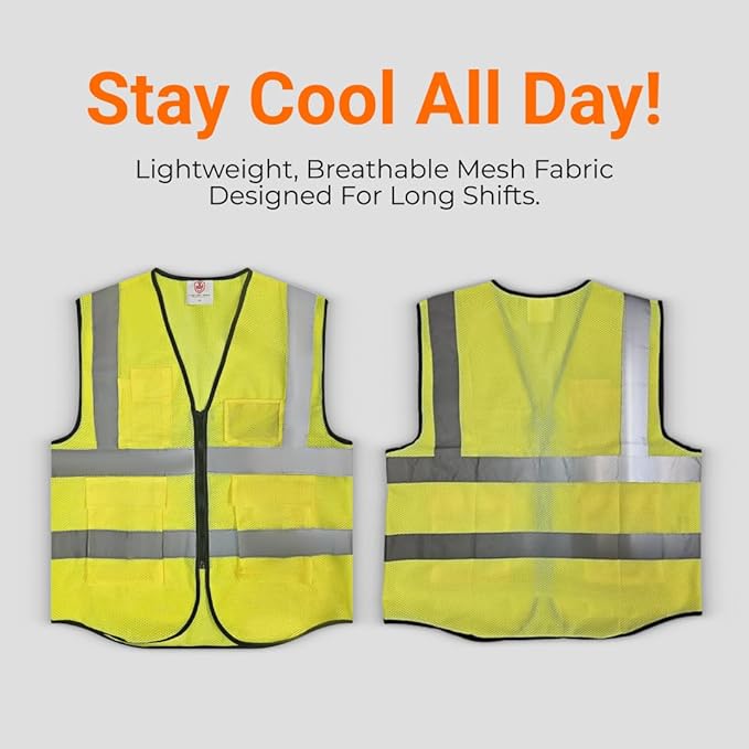 High-Visibility Safety Vests – Pack of 3, Reflective vest, Front Zipper & - Image 3