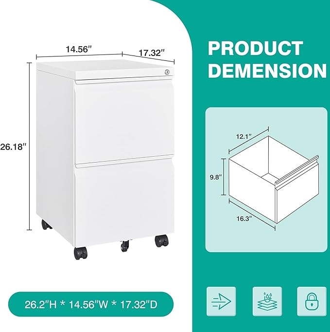 SISESOL Assembled 2 Drawer File Cabinet on Wheels, Metal Filing Cabinet - Image 3