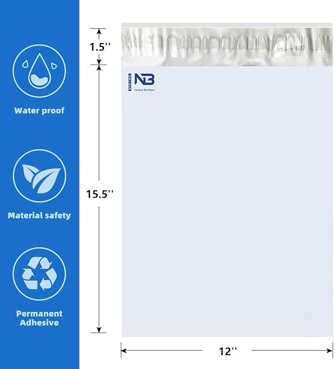 NB 12x15.5 Inch – 10 Pcs White Poly Mailers Strong Adhesive Self-Seal Shipping - Image 2