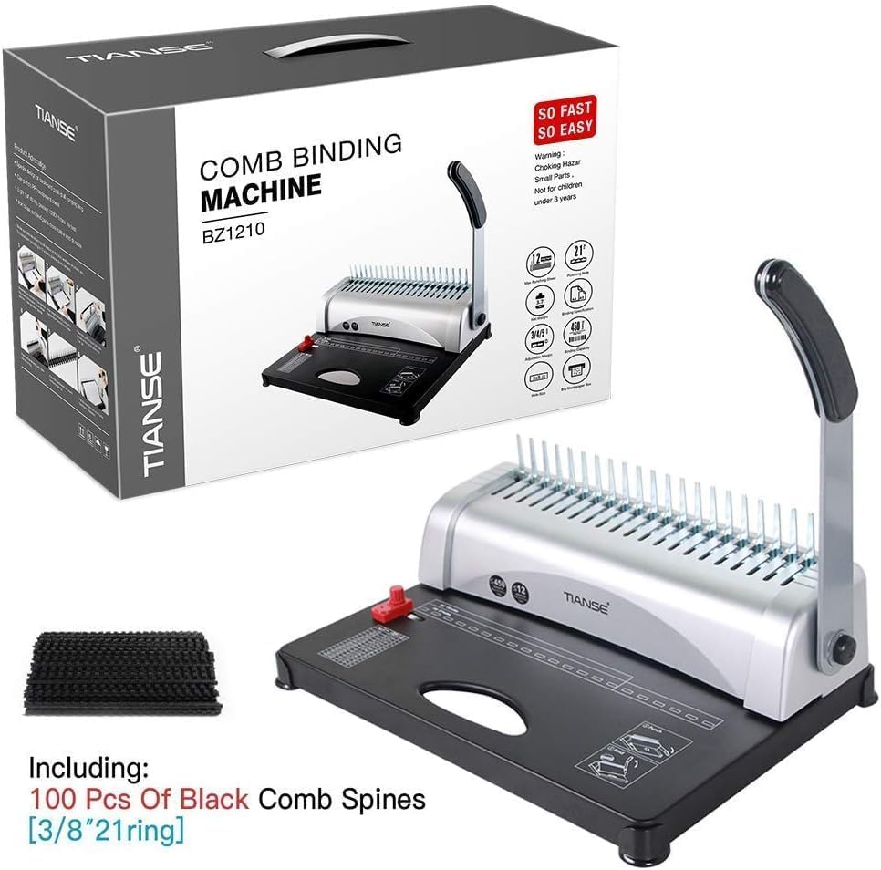 TIANSE Binding Machine, 21-Holes, 450 Sheets, Comb Binding Machines with Starter Kit 100 PCS 3/8'' Comb Binding Spines, Comb Binder Machine Book Maker Perfect for Letter Size, A4, A5 or Smaller Sizes - Image 4