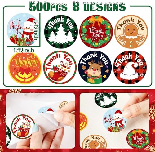 500Pcs Christmas Thank You Stickers Roll Colorful Snowman Xmas Tree Self-Adhesive Label Tag Winter Holiday DIY Crafts for Small Business Envelopes Seals Gifts Box Wrapping Goodie Bags Cards Decoration - Image 2