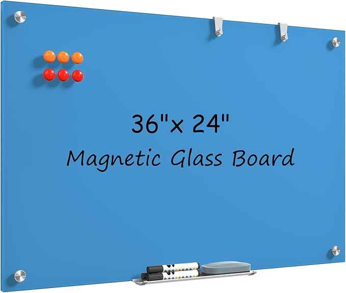 MaxGear Glass White Board 36x24, Bule Wall Mounted Magnetic Glass Dry Erase by MaxGear