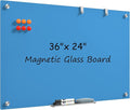 MaxGear Glass White Board 36x24, Bule Wall Mounted Magnetic Glass Dry Erase by MaxGear