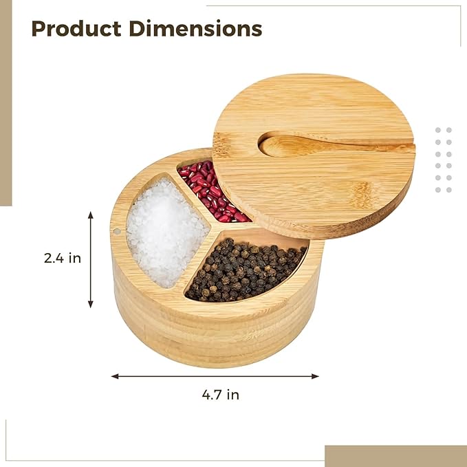 3-Compartment Wooden Salt and Pepper Box, Spice Condiment Holder - Image 3