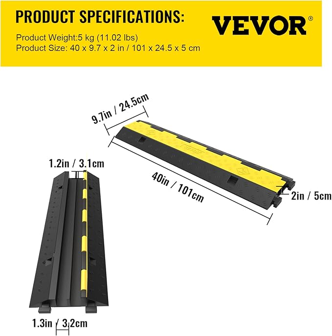VEVOR 3 PCs Rubber Cable Protector Ramp, 2 Channel, 11000 lbs/axle Capacity - Image 7