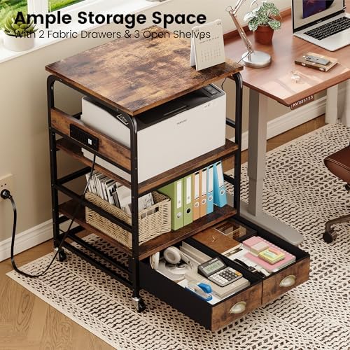Extra Large Printer Stand with 2 Farbic Drawer, 3 Tier Printer Table with 4-Adjustable Heights, Rolling Printer Cart with Storage for Printer Scanner Fax Home Office Use, Rustic Black and Brown - Image 3
