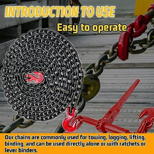 G80 Transport Binder Chain|1/4"×20 FT Heavy Duty Chain Wll 3300 Lbs Break Strength for Towing|Log Trailer Safety Chains with Grab Hooks for Transporting|Tie Down Binding Equipment(Oiled) - Image 6