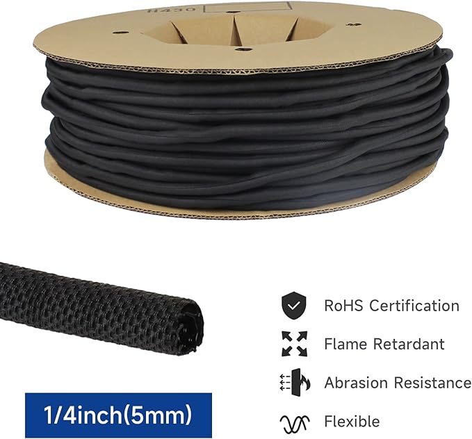 Black Braided Cable Management Sleeves Wire Loom Tubing Cord Protector - Image 2