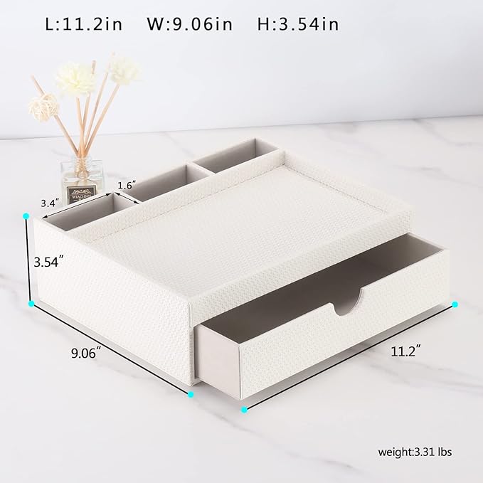 Leather Desk Organizer With Drawers, Home Cosmetics & Phone Remote Organizer - Image 2