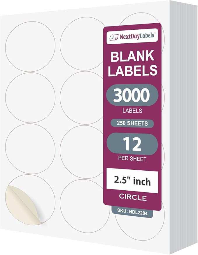 NextDayLabels - 2.5 Inch Round Sticker Labels - Matte White Blank Laser/Inkjet by NextDayLabels