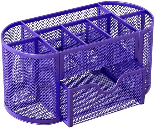 EasyPAG Mesh Pen Holder Desk Organizer with Drawer Stationery Supplies Organizer for Dorm School 9 Compartments Workspace Desk Accessories Organization for Office, Purple - Image 2