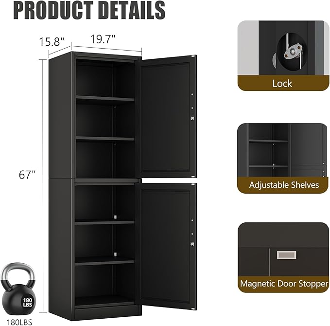 2 Door Metal Locker Cabinet, 19.7’’W Narrow Vertical Steel Storage Cabinet - Image 3
