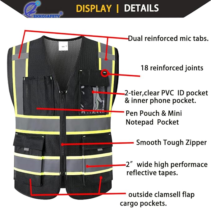 9 Pockes Black Reflecive Safety Vest - Image 3