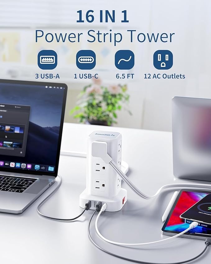 Power Strip Tower, 16.5 Ft Flat Plug Extension Cord, 16 in 1 Power Bars - Image 4