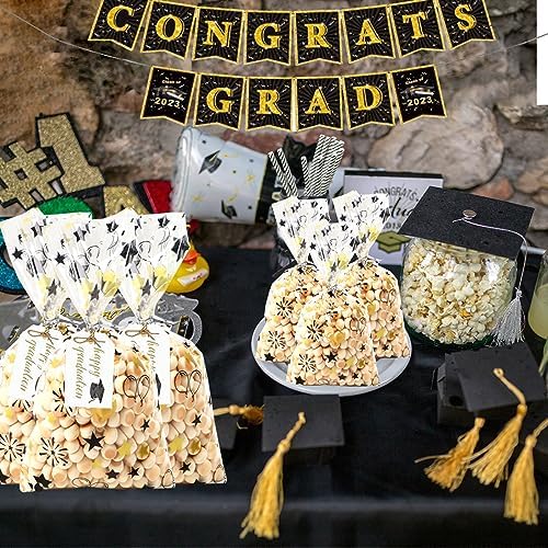 COQOFA 100 Pcs Black Gold 6"X10" Star Printed Gift Wrap Cellophane Bags with Twist Ties for Birthday, Graduation, Wedding, Christmas, Halloween - Image 4