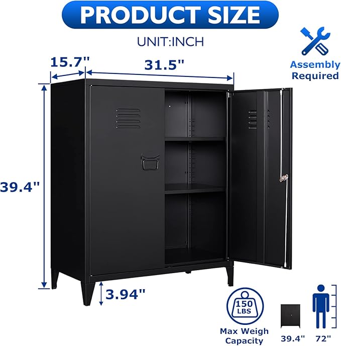Metal Storage Cabinet with Lock, Locking Cabinets with 2 Doors and Shelves - Image 3