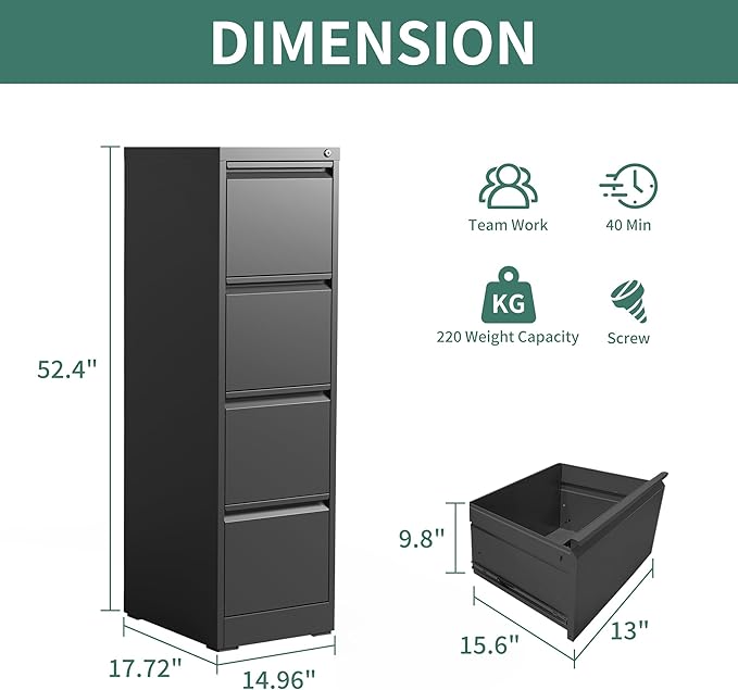 4 Drawer File Cabinet with Lock, Steel Vertical Filing Cabinets - Image 3