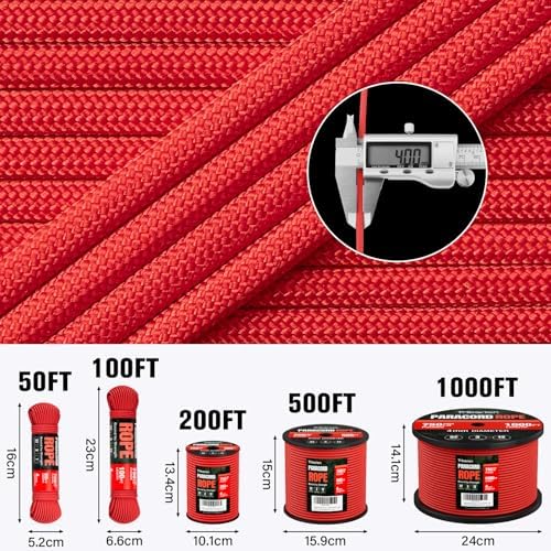 Paracord Rope 750 lb - 500ft 5/32" Parachute Cord 4MM 12-Strand para Cord - Heavy Duty Spool String for Survival,Camping Gear, Survival Bracelet, Clothesline - Red - Image 5