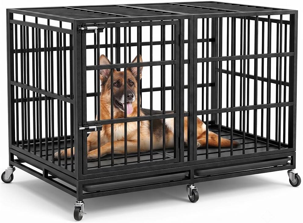 BOLDBONE 48 inch Heavy Duty Indestructible and Escape-Proof Dog Crate Cage Kennel for Large Dogs, High Anxiety Dog Crate with Removable Plastic Pan and Wheels, Extra Large XL XXL by BOLDBONE