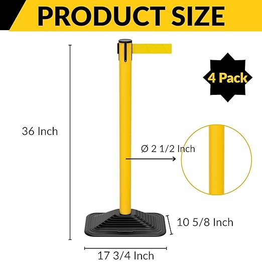 4-Pack 36" Yellow Crowd Control Stanchions, Heavy-Duty Rubber Rectangular Base - Image 6